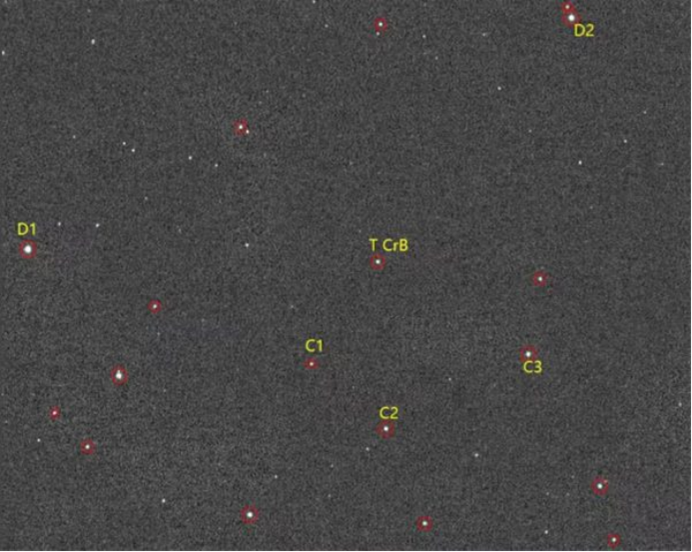 The red circles C1, C2, C3, D1, and D2 in the picture are the comparison stars used by the program to perform differential photometry. **Please make sure that these stars are present in the images you are taking.**